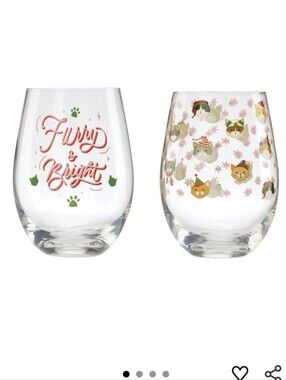 Furry & Bright Stemless Wine Glasses - Holiday Cat Paw Print Set